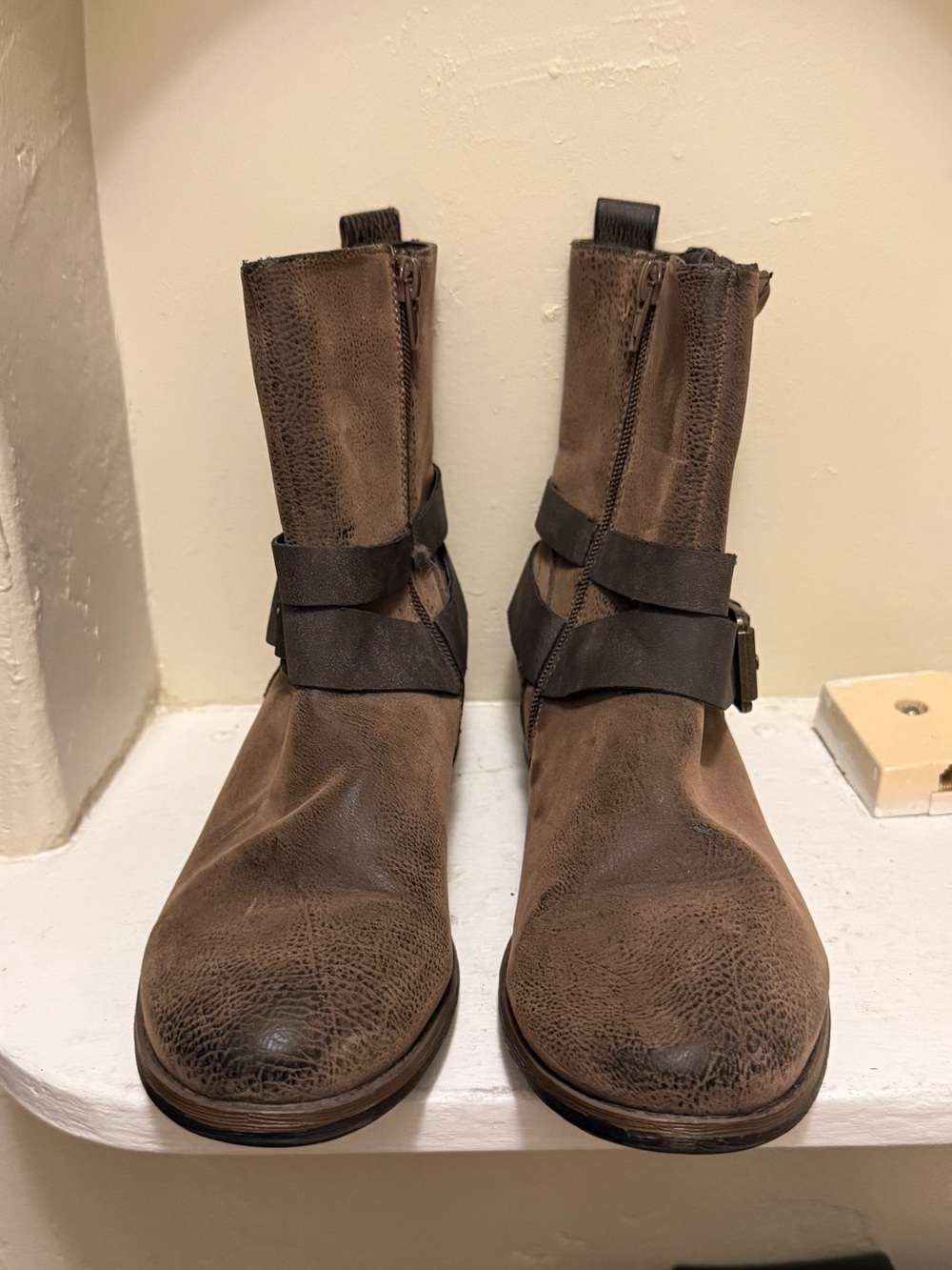Maurices Distressed Brown Mid-Calf Ankle Boots with Wrap Strap 9